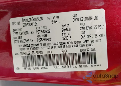 2007 Dodge Ram 1500 Slt/Trx4 Off Road/Sport из США, поврежденный, VIN 1D7HU18217S120719